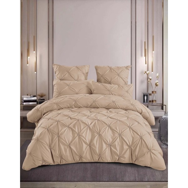 Lenjerie de Pat Premium din  Finet cu Pliuri Brodate, 6 Piese, Nesifonabilă și Durabilă, Cappuccino Light [1]