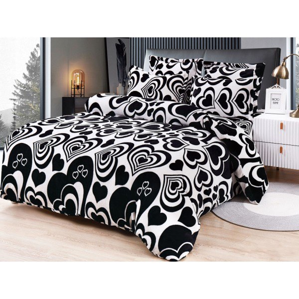 Lenjerie pentru Pat Dublu, Cocolino Premium, 4 Piese – Plușată, Groasă, și Călduroasă, Ideală pentru Iarnă –  Confort Maxim, Antișifonare, Alb, Negru, inimioare [1]