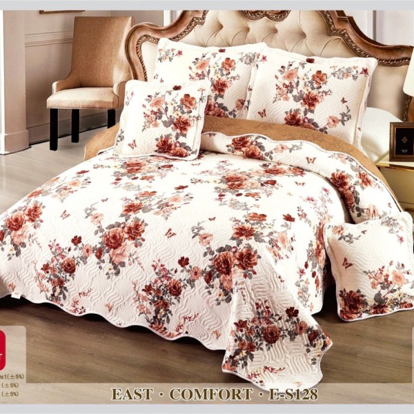 Cuvertura matlasata 230x250cm si 4 fete de perna, Bumbac, Crem, Maro, flori [1]