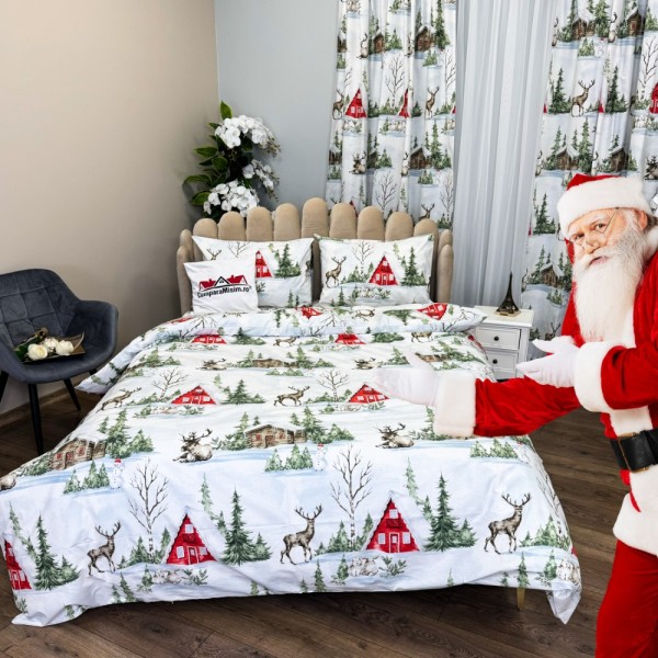 Set Lenjerie Pat Dublu Crăciun 4 Piese + 2 Draperii 150x235cm din Bumbac Ranforsat – Confort și Eleganță, Fabricat în România, Bleu, Verde, Rosu, peisaj montan de iarna, brazi, cabane, cerbi [1]