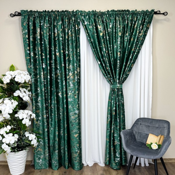 Set 2 Draperii Catifea Nikko cu insertii aurii - 2m latime x 2.50m inaltime x Tiv lat, Verde Smarald - V12 [1]