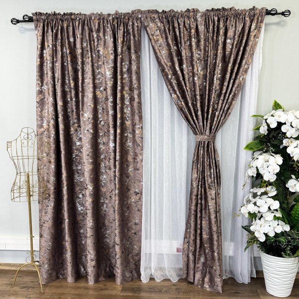 Set DraperiI Catifea Nikko cu insertii aurii, Cappuccino - V15, 2m latime x 2.5m inaltime, cu tiv lat [1]