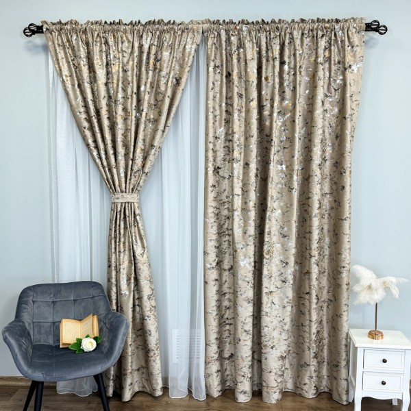 Set 2 Draperii Catifea Nikko cu insertii aurii - 200cm x 250cm,Tiv lat , Bej - V2 [1]