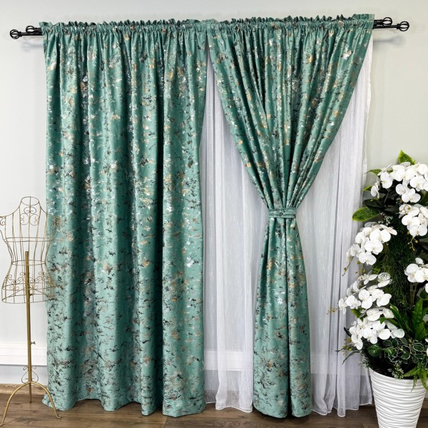 Set 2 Draperii Catifea Nikko cu insertii aurii - 200cm x 232cm , Rejansa pt bara , Aqua - V21 [1]