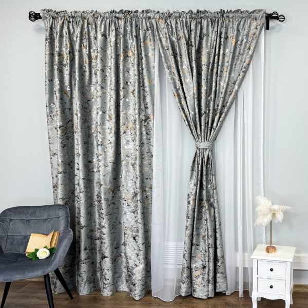 Set 2 Draperii Catifea Nikko cu insertii aurii -200cm x 250cm ,Tiv lat , Gri mediu - V24 [1]