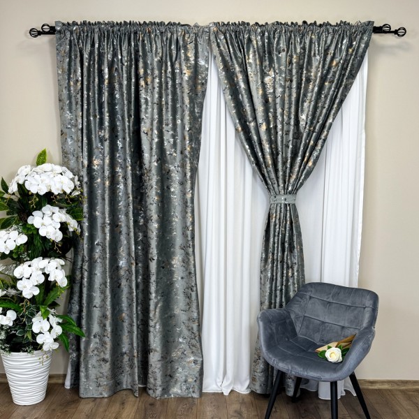 Set 2 Draperii Catifea Nikko cu insertii aurii - 2m latime x 2.50m inaltime x Tiv lat, Gri inchis - V30 [1]