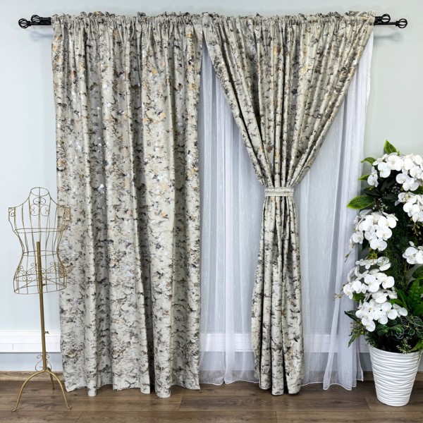 Set 2 Draperii Catifea Nikko cu insertii aurii - 2m latime x 2.50m inaltime x Tiv lat, Bej deschis - V33 [1]