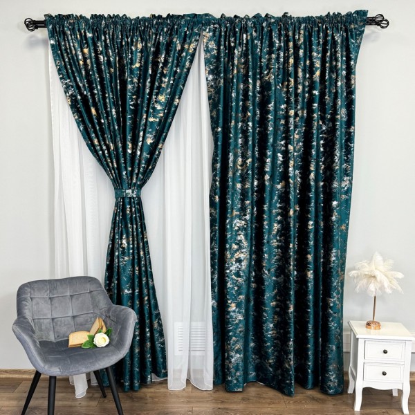 Set 2 Draperii Catifea Nikko cu insertii aurii - 2m latime x 2.50m inaltime x Tiv lat, Turquoise - V36 [1]