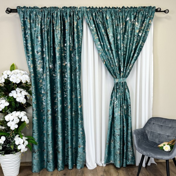 Set Draperie Catifea Nikko cu insertii aurii , 200cm x250cm,Tiv lat , Verde Aqua - V9 [1]