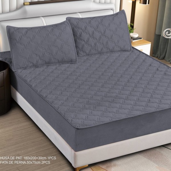 Husă Matlasată Tip Topper din Catifea 180x200cm, cu 2 Fețe de Pernă 50x70cm -  Somn Odihnitor și Susținere pentru Spate, Gri inchis [1]
