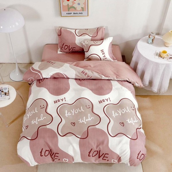 Lenjerie pat 140x200cm,  FINET, 4 piese, cu ELASTIC, Maro, inimioare [1]