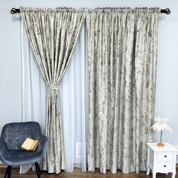 Set 2 Draperii Catifea Asama cu insertii aurii - 2m latime x 2.50m inaltime x Tiv lat, Crem - V33 [1]