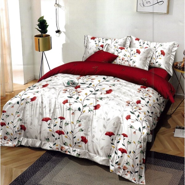 Lenjerie pat dublu,  FINET, 6 piese, Rosu, flori, frunze [1]