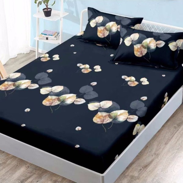 Cearsaf cu elastic, FINET, 180x200cm, 2 fete de perne 50x70cm, Negru, frunze [1]