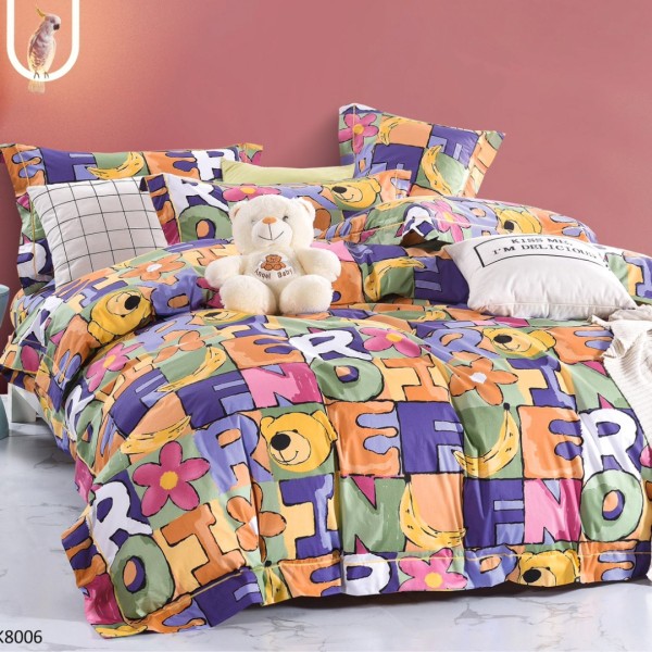 Lenjerie pat Single, BUMBAC 100% Percal, cu 2 Fețe, 4 piese, Verde, Mov, Roz, Galben, Litere, Ursuleti [1]