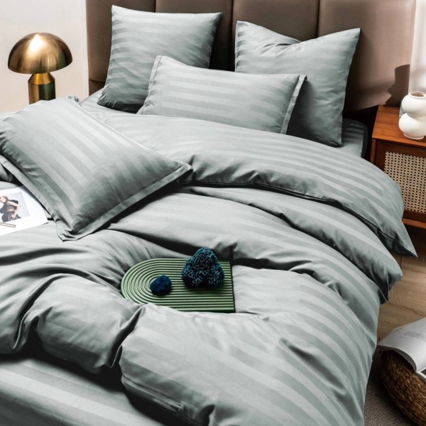 Lenjerie HoReCa DeLuxe, pat dublu, Damasc cu Dunga latã de 3cm, 6 piese, Gri mediu [1]
