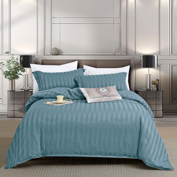 Lenjerie de Pat 140x200cm, HoReCa, 4 Piese din Damasc Finetat - Lux, Confort si intretinere Usoara, Fara Calcare, Bleu [1]