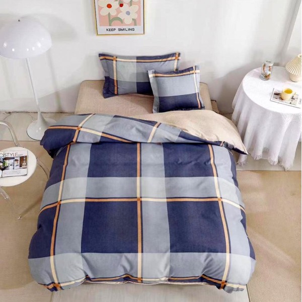 Lenjerie pat 140x200cm,  FINET, 4 piese, cu ELASTIC, Albastru, carouri [1]