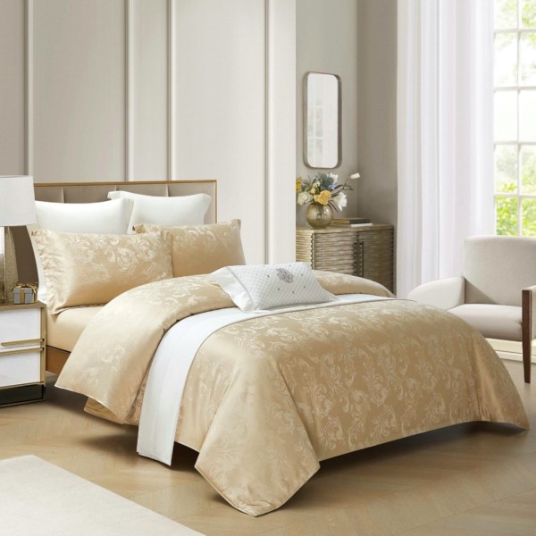 Lenjerie de Pat Dublu, Jacquard Finetat – 4 Piese, Luciu Satinat Rafinat  și Confort Premium, Bej Gold [1]