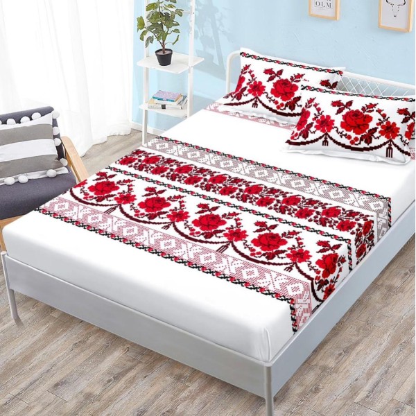 Cearsaf cu elastic, FINET, 180x200cm, 2 fete de perne 50x70cm, Alb-Rosu, model traditional [1]