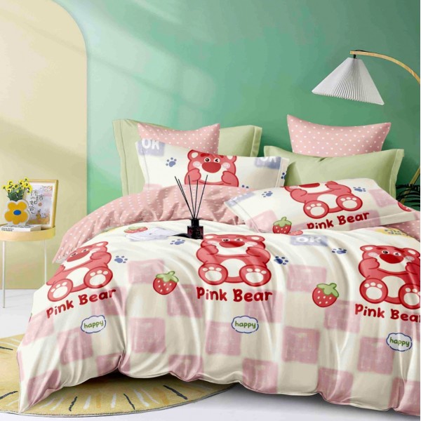 Lenjerie pat dublu,  FINET, 6 piese, Jojo Home, Roz, ursuleti, capsuni [1]