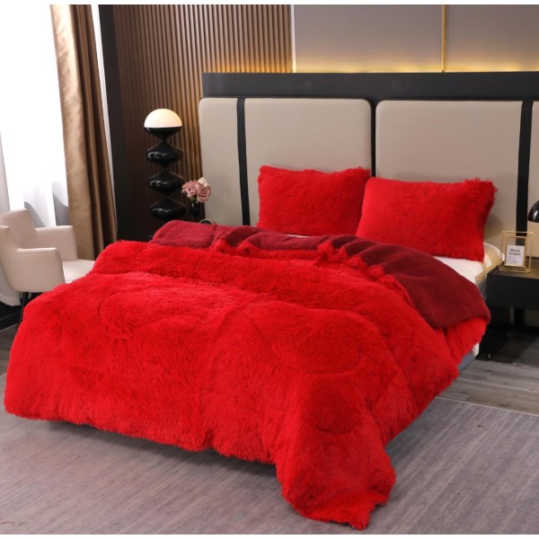 Pilota Super Pufoasă CoCoLiNo Fluffy cu Blăniță Sherpa Asortată, 200x230 cm, 4 kg, 2 Fețe de Pernă Asortate, 50x70cm – Căldură Instantă și Confort de Lux pentru Nopți Reci, Rosu [1]