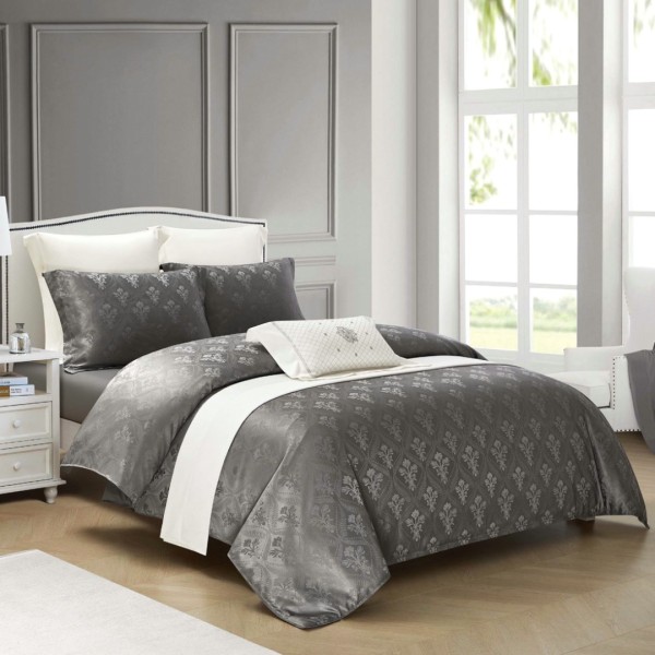 Lenjerie de Pat Dublu, Jacquard Finetat – 4 Piese, Luciu Satinat Rafinat  și Confort Premium, Gri inchis [1]