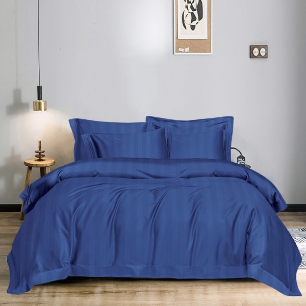 Lenjerie HoReCa DeLuxe, pat dublu, Damasc cu Dunga latã de 3cm, 6 piese, Albastru [1]