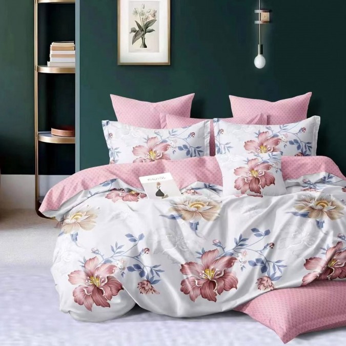 Lenjerie pat dublu cu două feţe, 4 piese, Bumbac Satinat Superior, Roz, flori