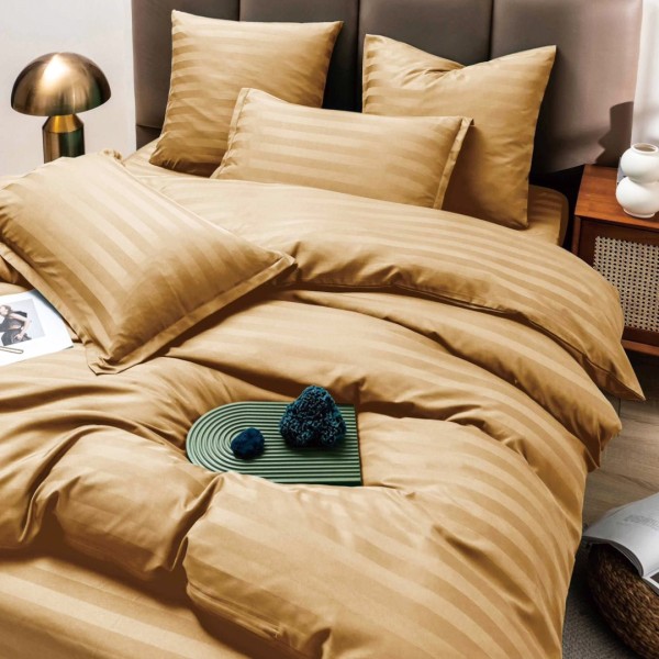 Lenjerie HoReCa DeLuxe, pat dublu, Damasc cu Dunga latã de 3cm, 6 piese, Pudra [1]