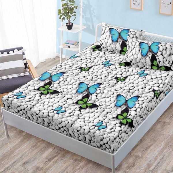 Cearsaf cu elastic, FINET, 180x200cm, 2 fete de perne 50x70cm, Gri-Bleu, pietre, fluturi [1]