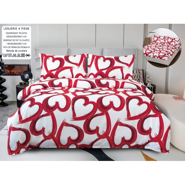 Lenjerie pat dublu, bumbac satinat,  Cearsaf cu ELASTIC 160x200cm, 4 PIESE, Alb, Rosu, inimioare [1]