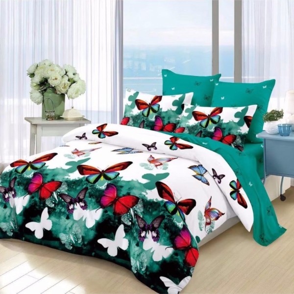 Lenjerie pat dublu,  FINET, cu elastic, 6 piese, Alb, Verde, Fluturi [1]