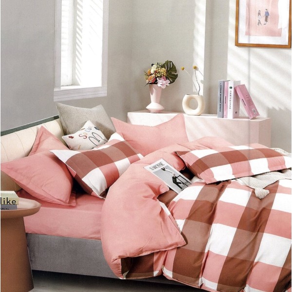 Lenjerie pat dublu,  FINET, 6 piese, Roz, patrate [1]