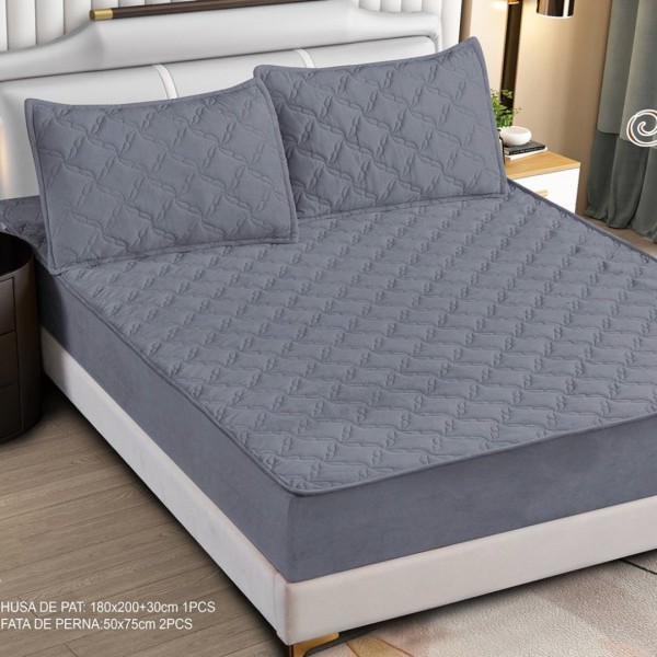 Husă Matlasată Tip Topper din Catifea 180x200cm, cu 2 Fețe de Pernă 50x70cm -  Somn Odihnitor și Susținere pentru Spate, Gri mediu [1]