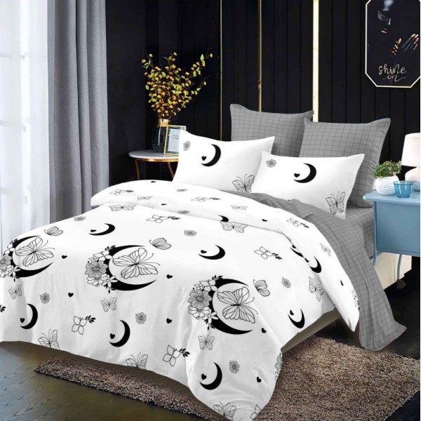 Lenjerie pat dublu,  FINET, cu elastic, 6 piese, Alb, Negru, Luna, Fluturi, Stelute [1]