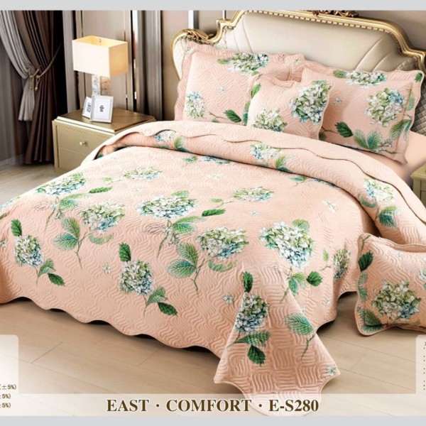 Cuvertura matlasata 230x250cm si 4 fete de perna, Bumbac, Bej, Verde, flori [1]