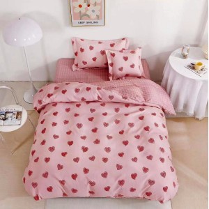 Lenjerie pat 140x200cm,  FINET, 4 piese, cu ELASTIC, Roz, inimioare