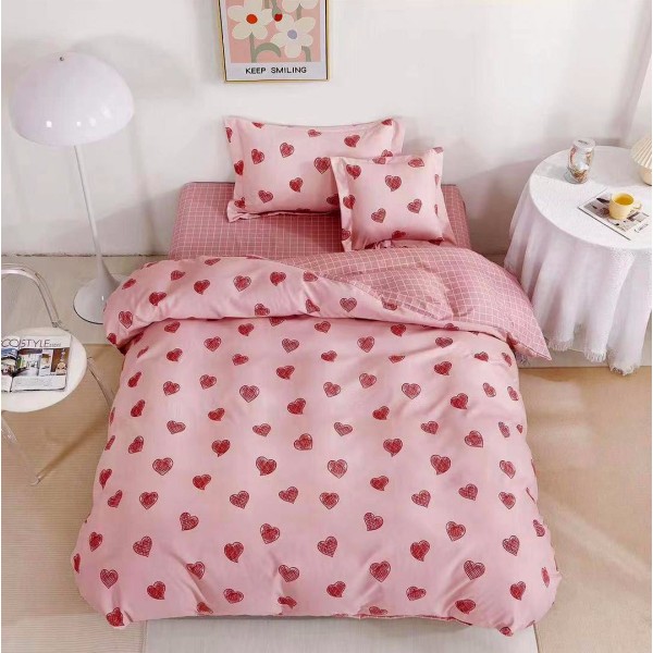 Lenjerie pat 140x200cm,  FINET, 4 piese, cu ELASTIC, Roz, inimioare [1]