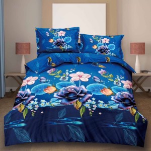 Lenjerie pat dublu (140x200cm, 160x200cm, 180x200cm), cearsaf clasic, imprimeu 3D, Albastru, flori