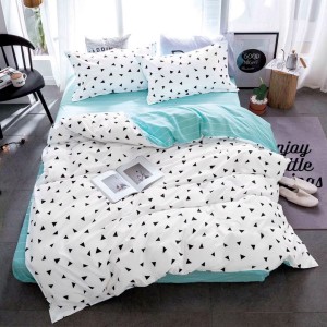 Lenjerie pat 140x200cm, 4 piese, cu ELASTIC,  Alb-Bleu, forme geometrice