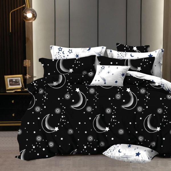 Lenjerie pat dublu,  FINET, 6 piese, Negru, stelute [1]