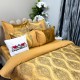 Set Luxury:  Lenjerie de Pat dublu, din Catifea Royală Velvetto, 6 piese si Draperie cu inele încastrate, 2buc x 150x245cm, cu Șnur Magnetic și Față de Pernă Decorativă, Galben, Gri