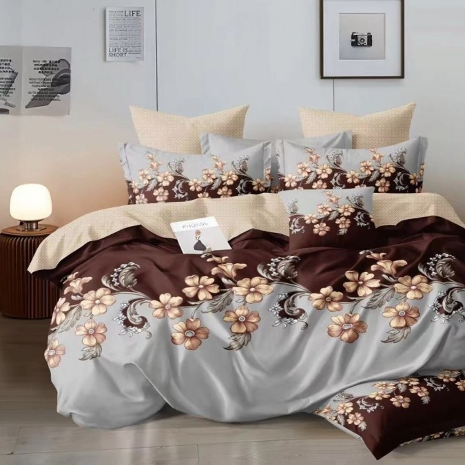 Lenjerie pat dublu cu două feţe, 4 piese, Bumbac Satinat Superior, Maro, flori