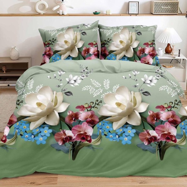 Lenjerie pat dublu (140x200cm, 160x200cm, 180x200cm), cearsaf clasic, imprimeu 3D, Verde, flori [1]