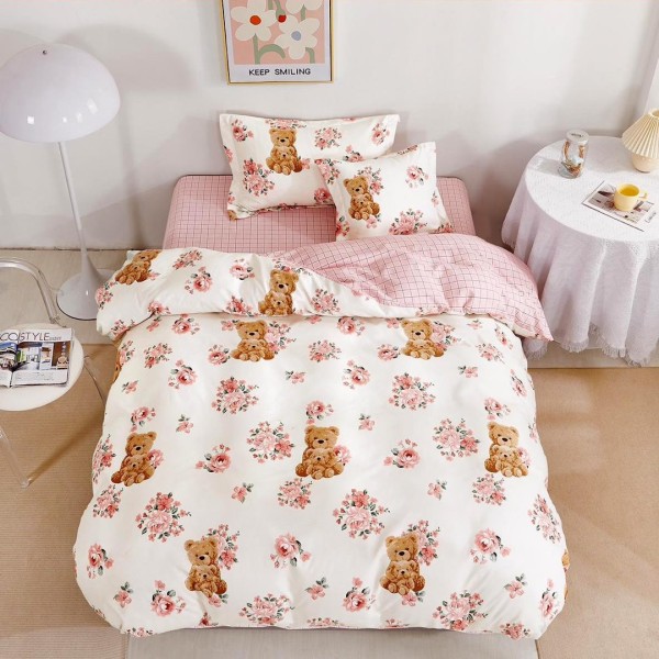 Lenjerie pat 140x200cm,  FINET, 4 piese, cu ELASTIC, Roz, flori, ursuleti [1]