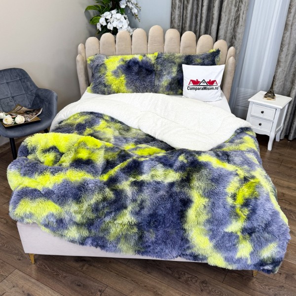  Pilota CoCoLiNo Fluffy, cu Blanita tip Sherpa, Alba, 200x230cm + 2 fete de perna 50x70cm, matlasata, Gri, Verde, degrade [1]