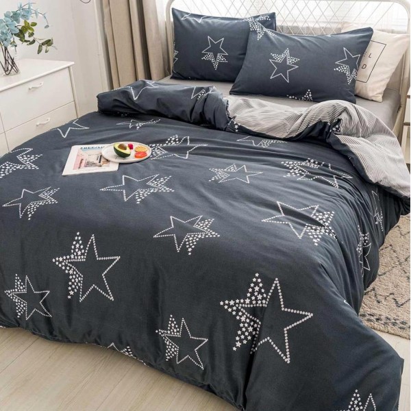 Lenjerie pat dublu (140x200cm, 160x200cm, 180x200cm), bumbac satinat, cearsaf clasic, 4 piese,  Gri, stelute [1]