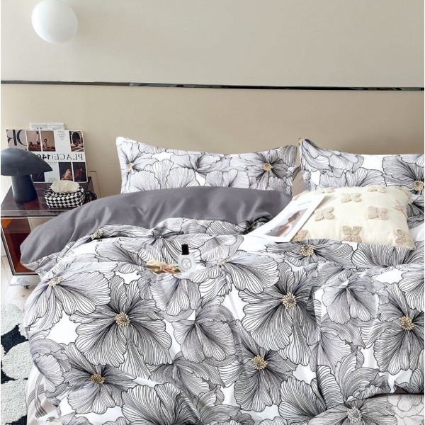 Lenjerie pat 1 PERSOANA, FINET, 4 piese, Gri, flori [1]