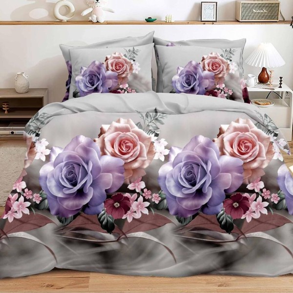 Lenjerie pat dublu (140x200cm, 160x200cm, 180x200cm), cearsaf clasic, imprimeu 3D, Lila, trandafiri [1]